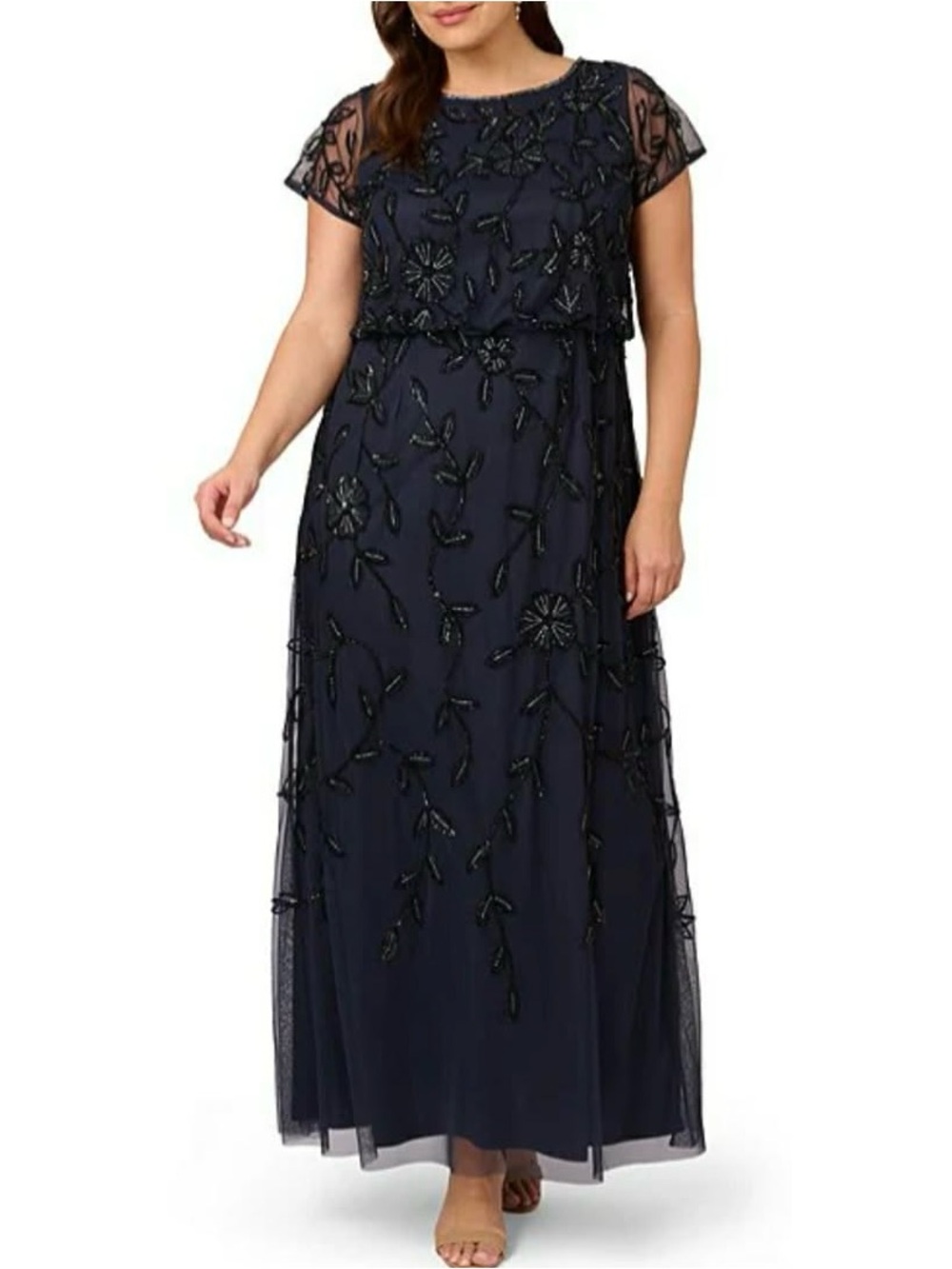 Adrianna Papell Navy Formal Beaded Long Blouson Dress Size 16 NWT